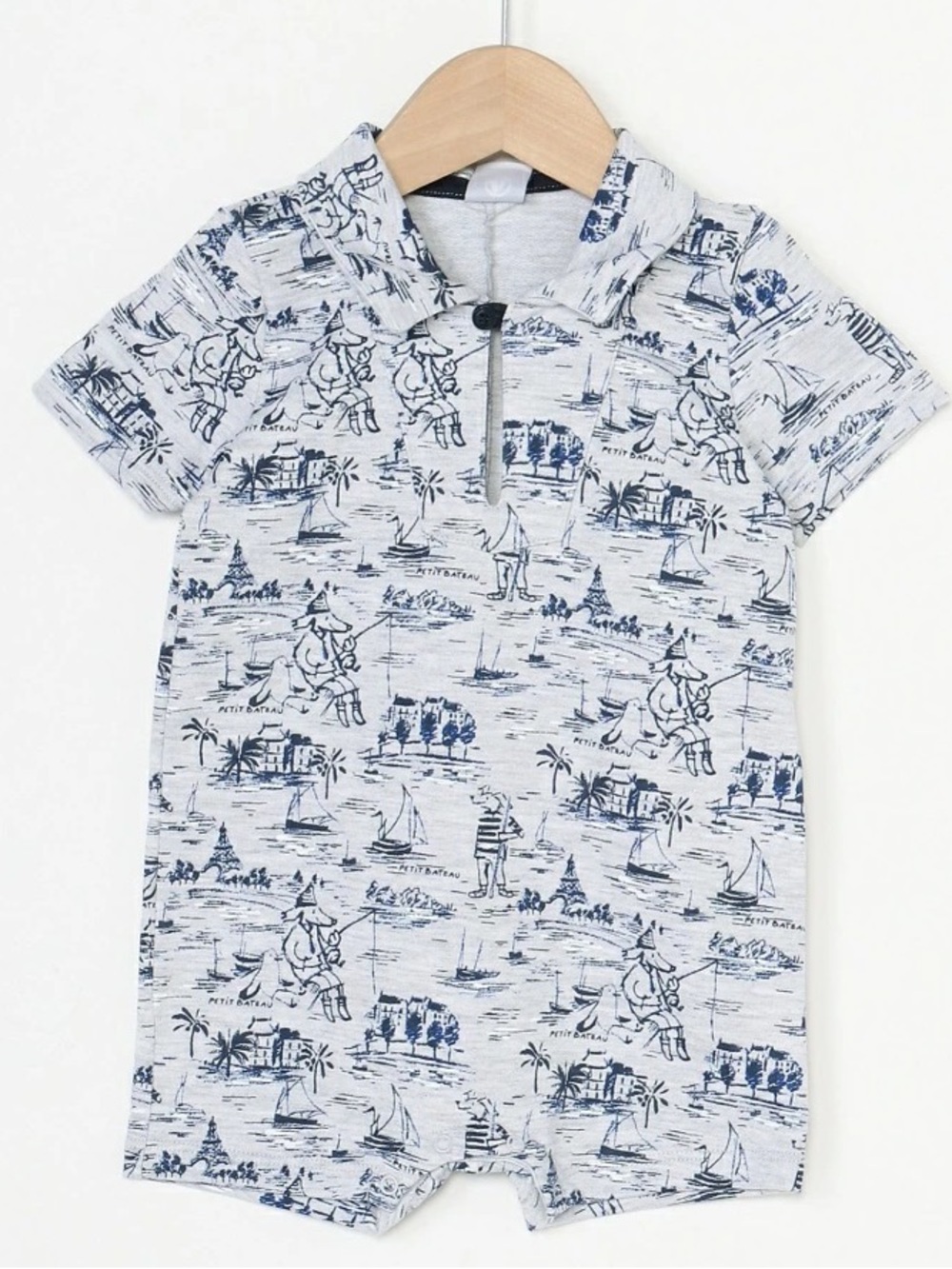 Petit Bateau Blue, Gray and White Nautical Print Short-Sleeved Romper 18 months